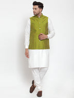 Jompers Men's White Solid Kurta with Pyjamas & Green Nehru Jacket | Grocsy