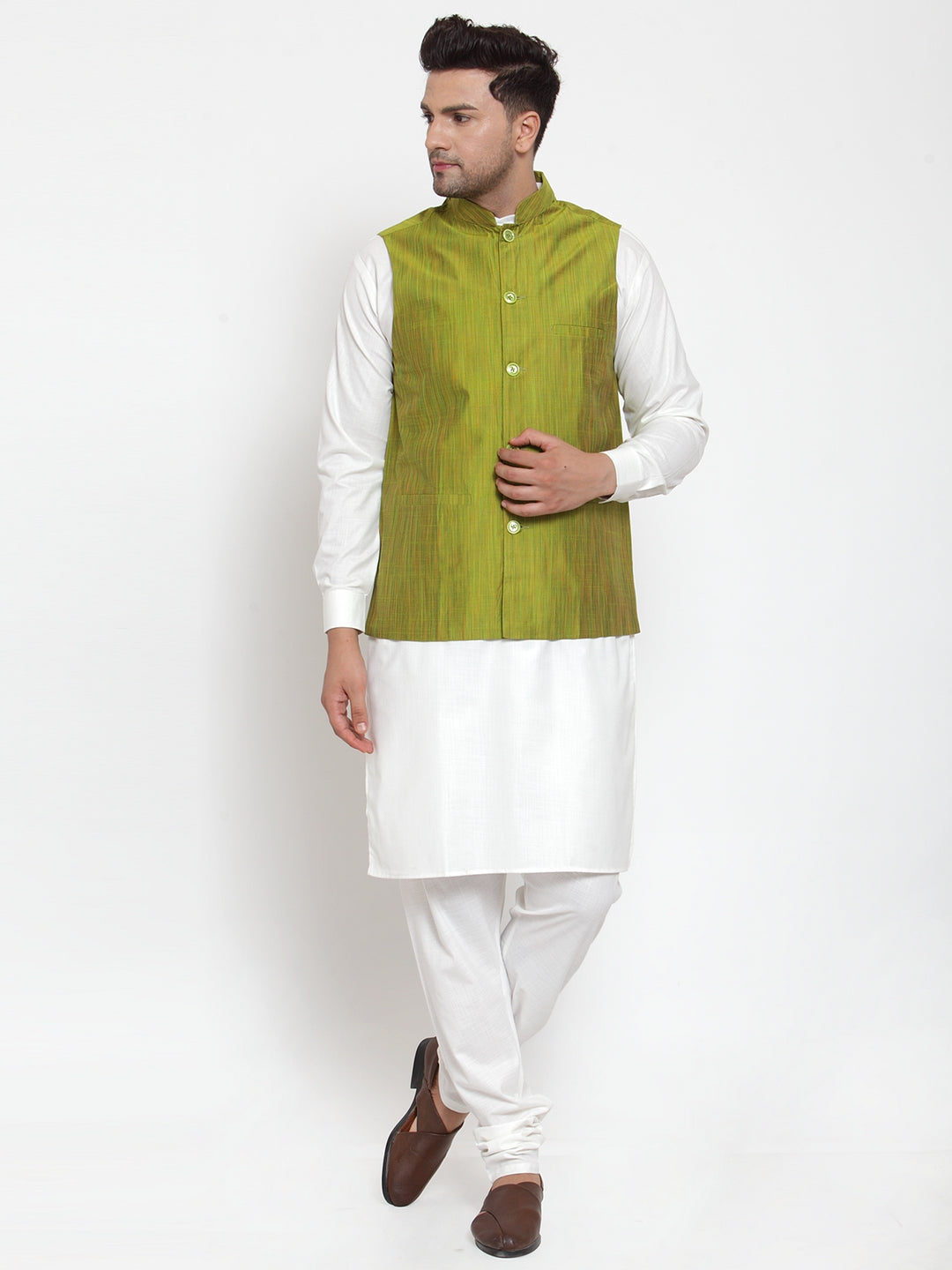Jompers Men's White Solid Kurta with Pyjamas & Green Nehru Jacket | Grocsy