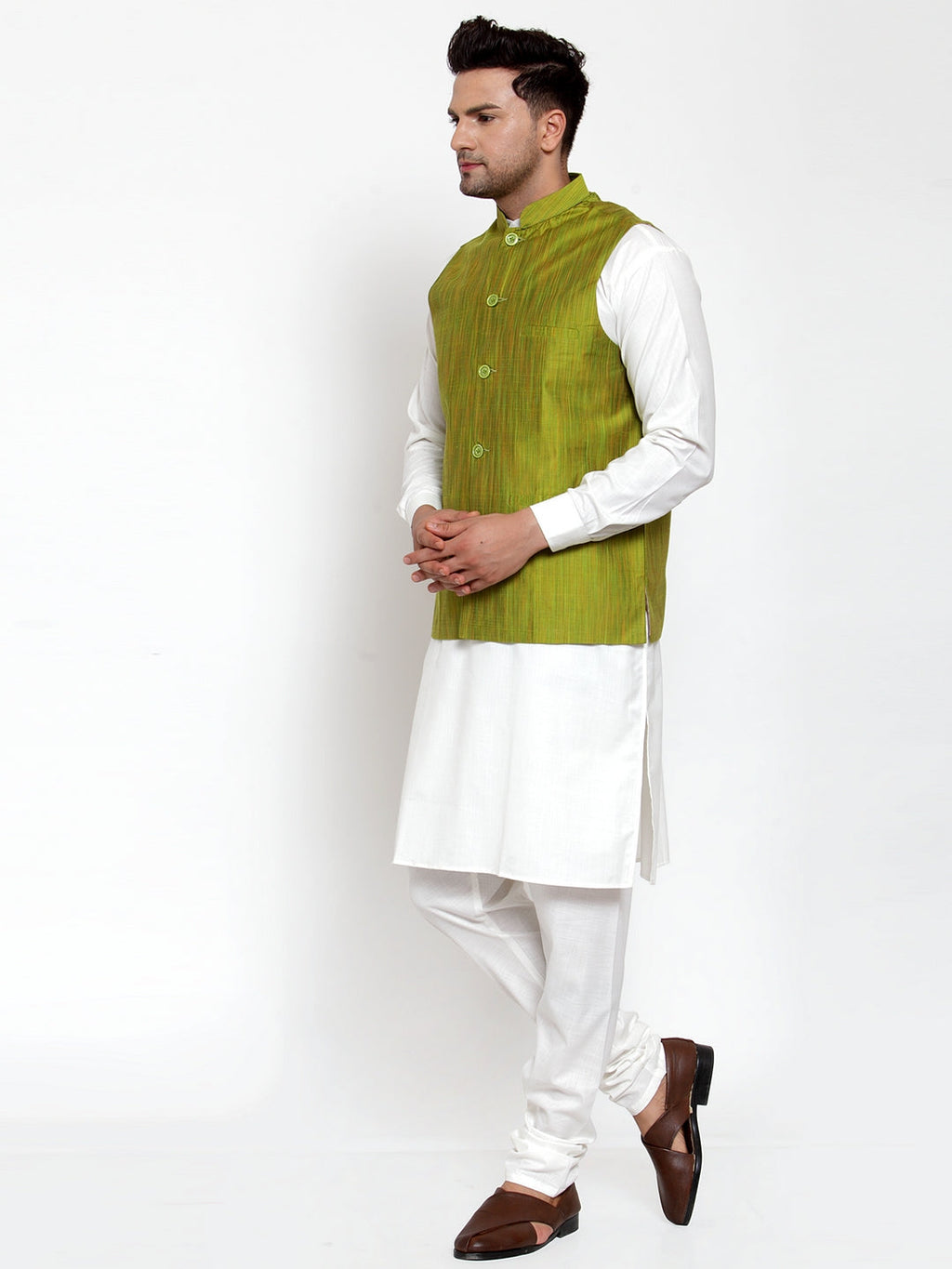 Jompers Men's White Solid Kurta with Pyjamas & Green Nehru Jacket | Grocsy