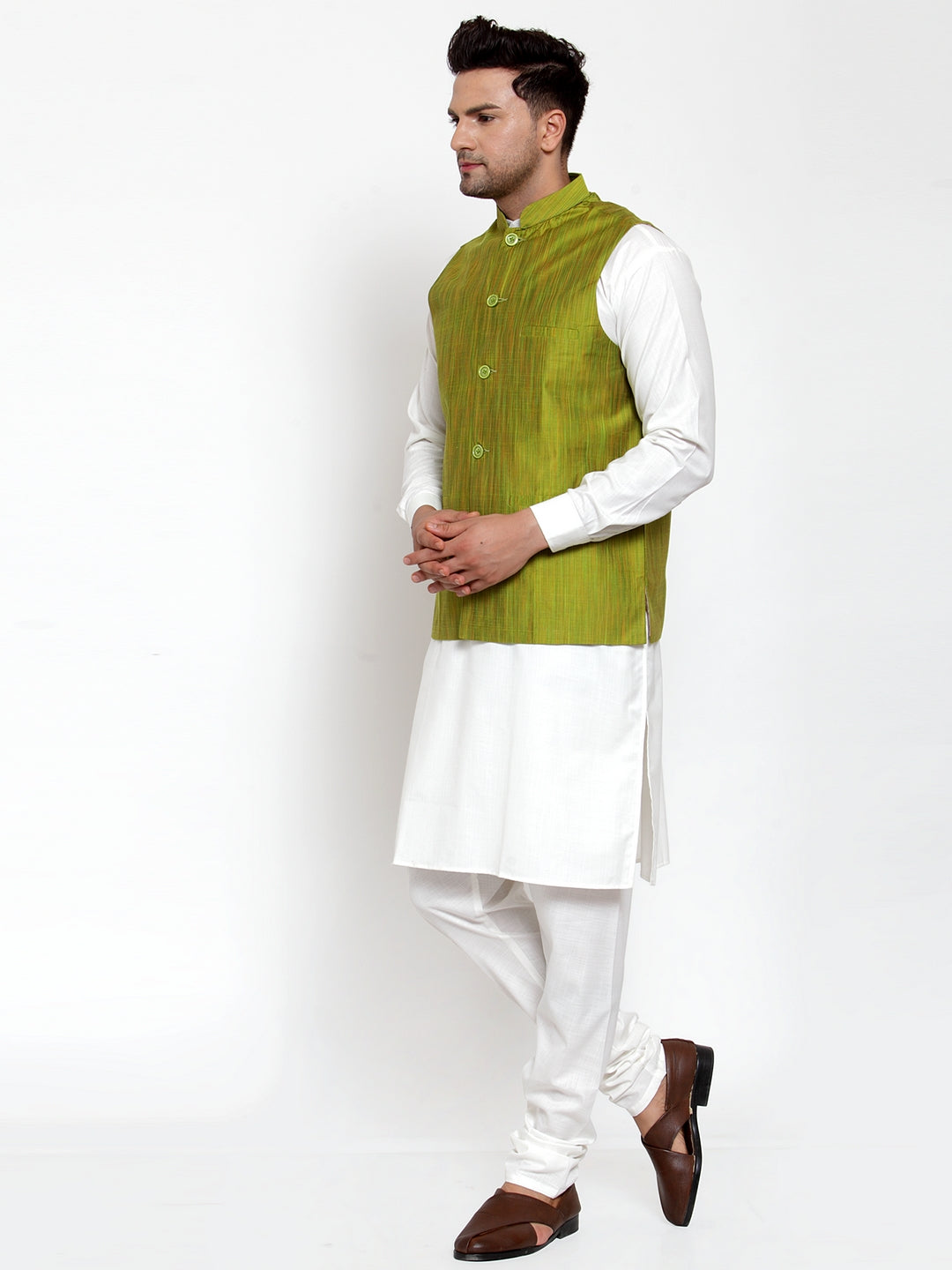 Jompers Men's White Solid Kurta with Pyjamas & Green Nehru Jacket | Grocsy