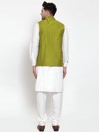 Jompers Men's White Solid Kurta with Pyjamas & Green Nehru Jacket | Grocsy