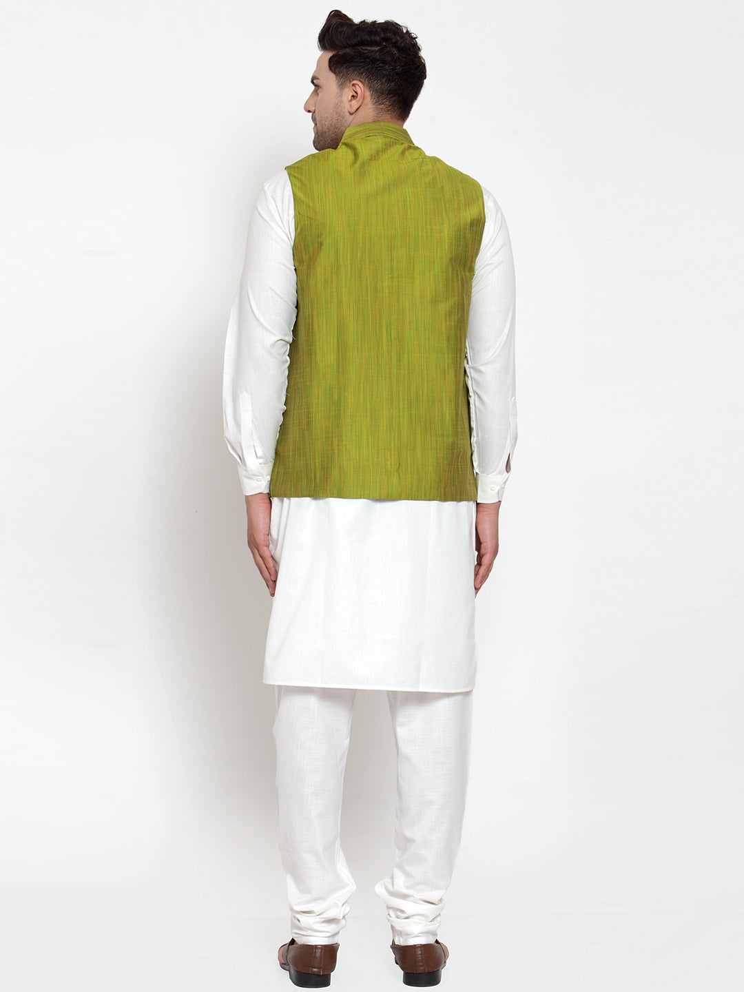 Jompers Men's White Solid Kurta with Pyjamas & Green Nehru Jacket | Grocsy