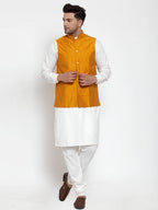 Jompers Men's White Solid Kurta with Pyjamas & Yellow Nehru Jacket | Grocsy