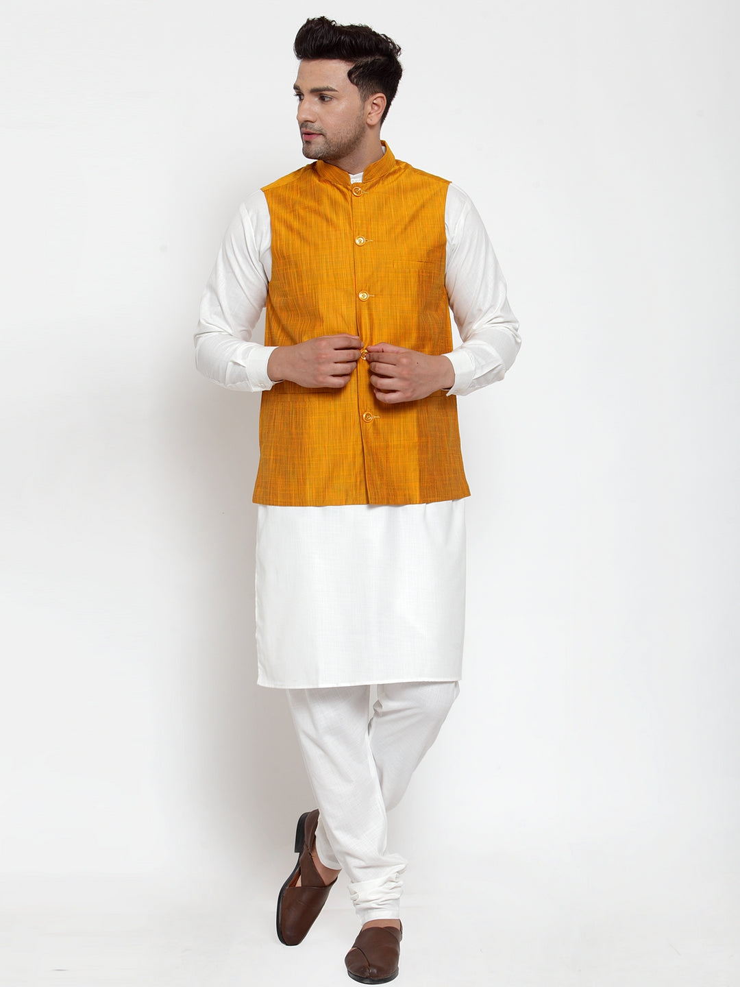 Jompers Men's White Solid Kurta with Pyjamas & Yellow Nehru Jacket | Grocsy