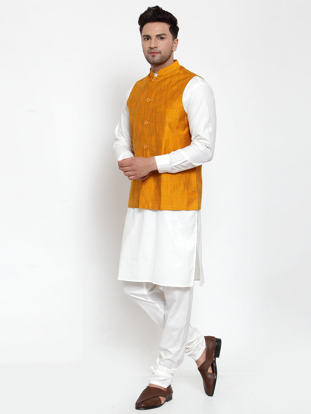 Jompers Men's White Solid Kurta with Pyjamas & Yellow Nehru Jacket | Grocsy