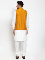 Jompers Men's White Solid Kurta with Pyjamas & Yellow Nehru Jacket | Grocsy