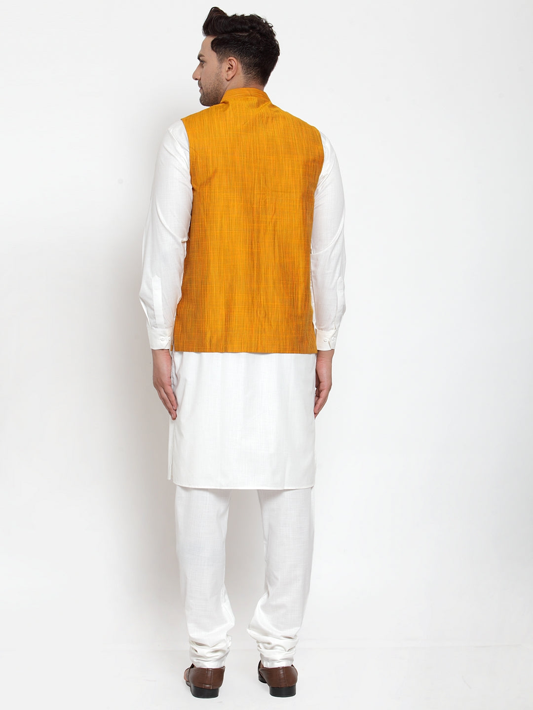 Jompers Men's White Solid Kurta with Pyjamas & Yellow Nehru Jacket | Grocsy