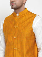 Jompers Men's White Solid Kurta with Pyjamas & Yellow Nehru Jacket | Grocsy