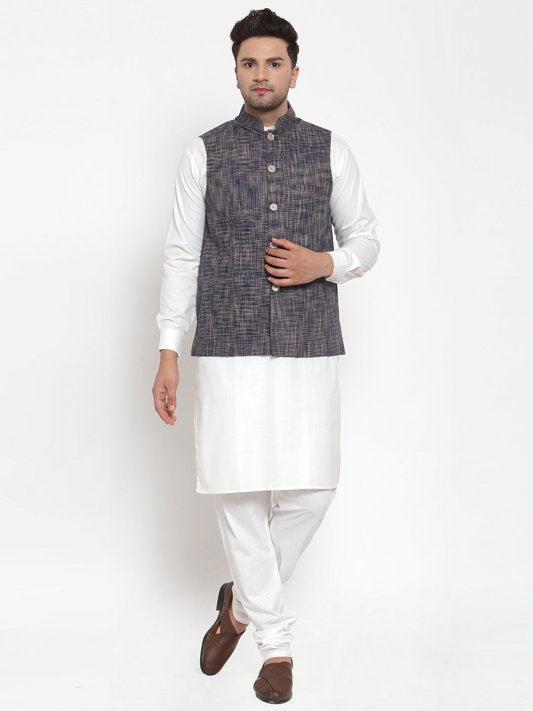Jompers Men's White Solid Kurta with Pyjamas & Blue Nehru Jacket | Grocsy