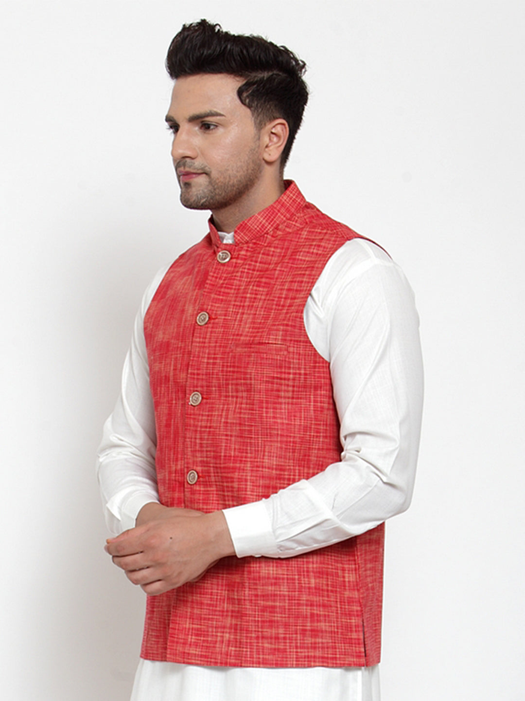 Jompers Men's Red Woven Design Nehru Jacket | Grocsy