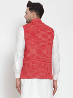 Jompers Men's Red Woven Design Nehru Jacket | Grocsy