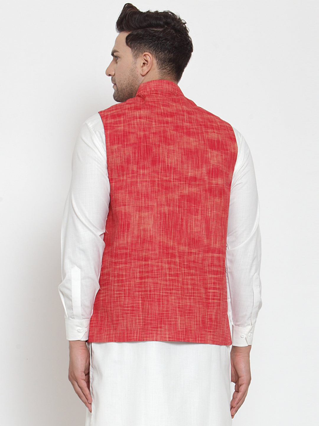 Jompers Men's Red Woven Design Nehru Jacket | Grocsy