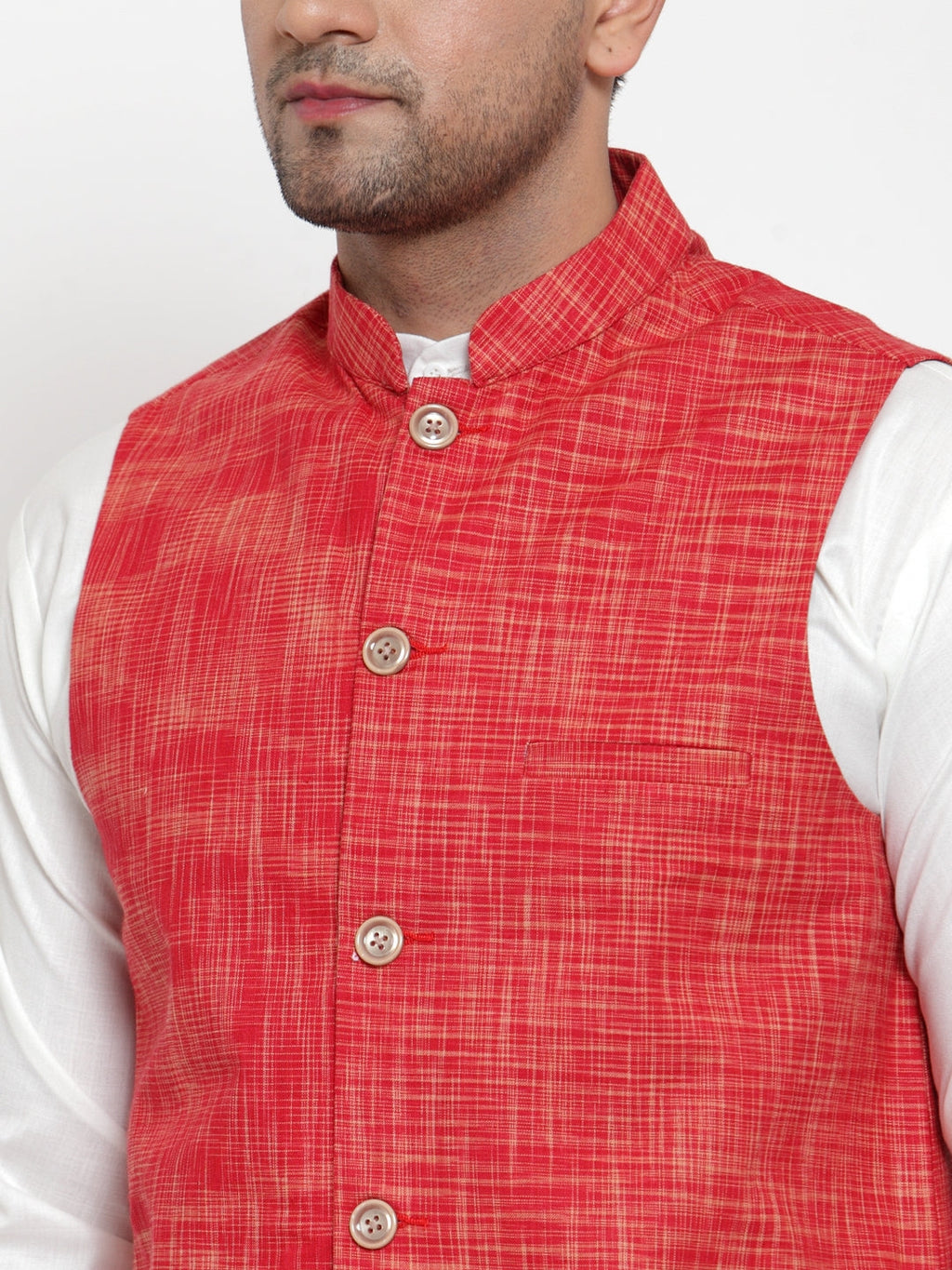 Jompers Men's Red Woven Design Nehru Jacket | Grocsy