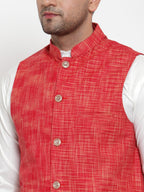 Jompers Men's Red Woven Design Nehru Jacket | Grocsy