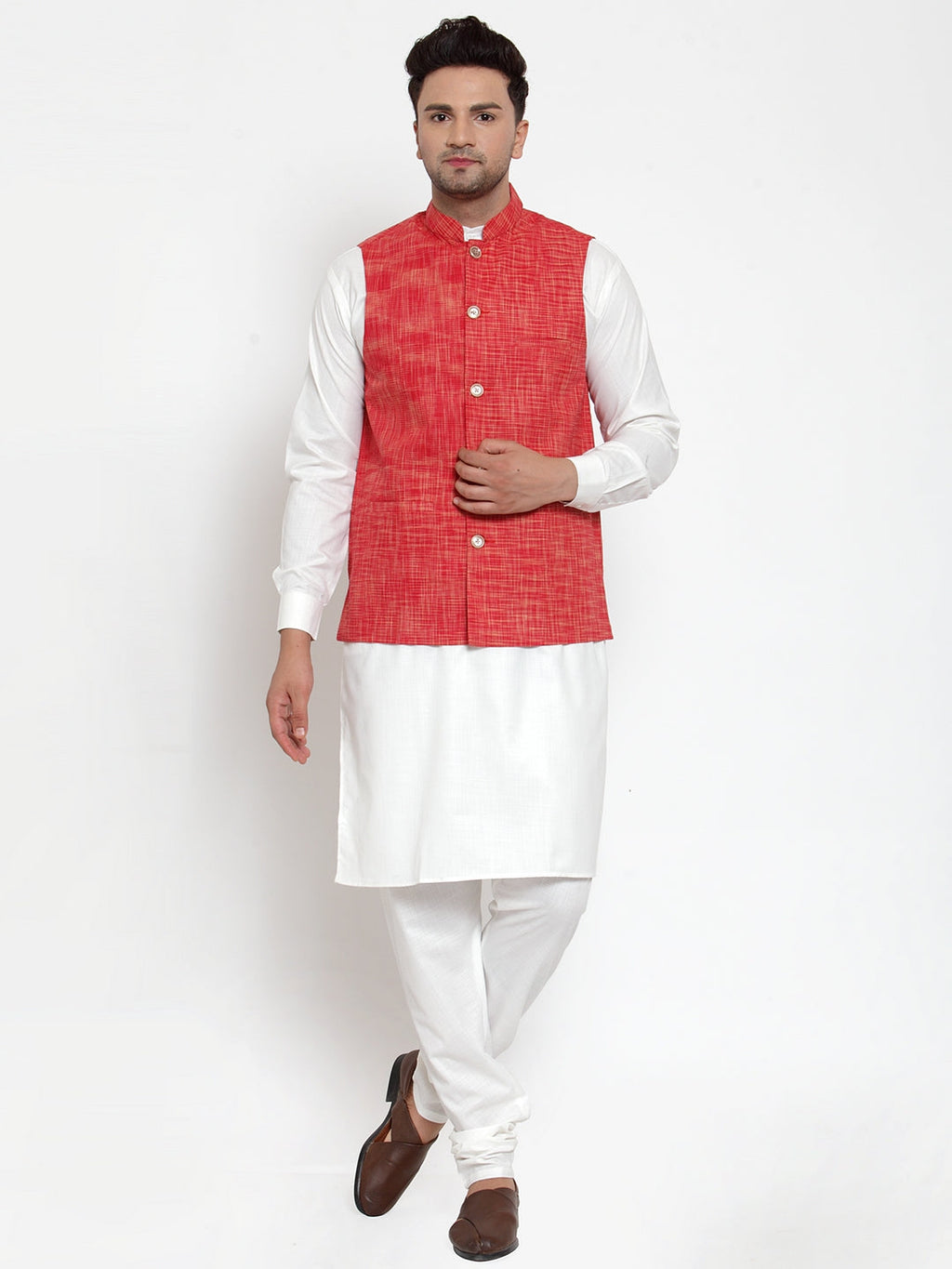Jompers Men's Red Woven Design Nehru Jacket | Grocsy