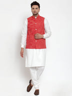 Jompers Men's Red Woven Design Nehru Jacket | Grocsy