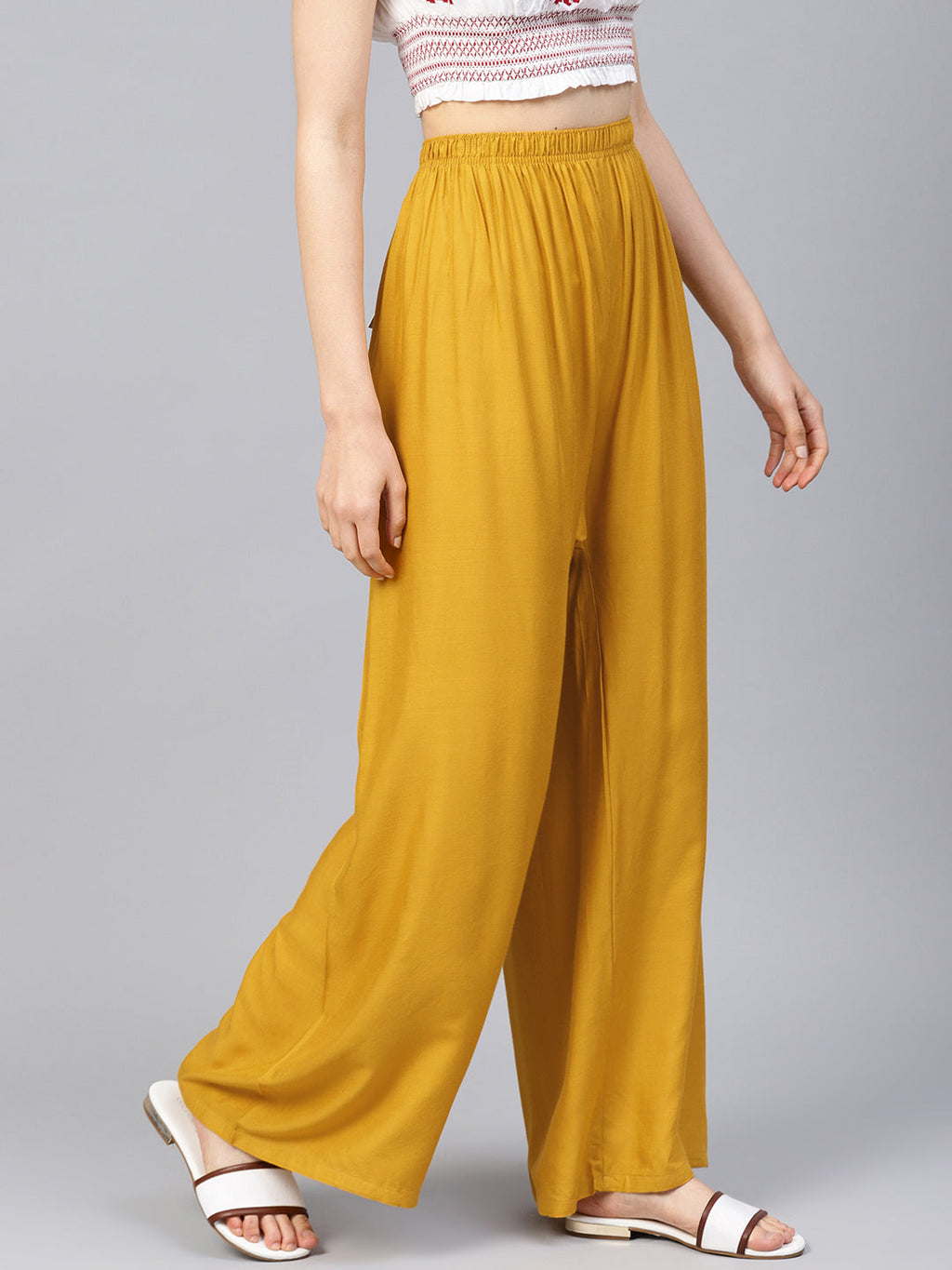 Jompers Women's Mustard Straight Elasticated Palazzo | Grocsy