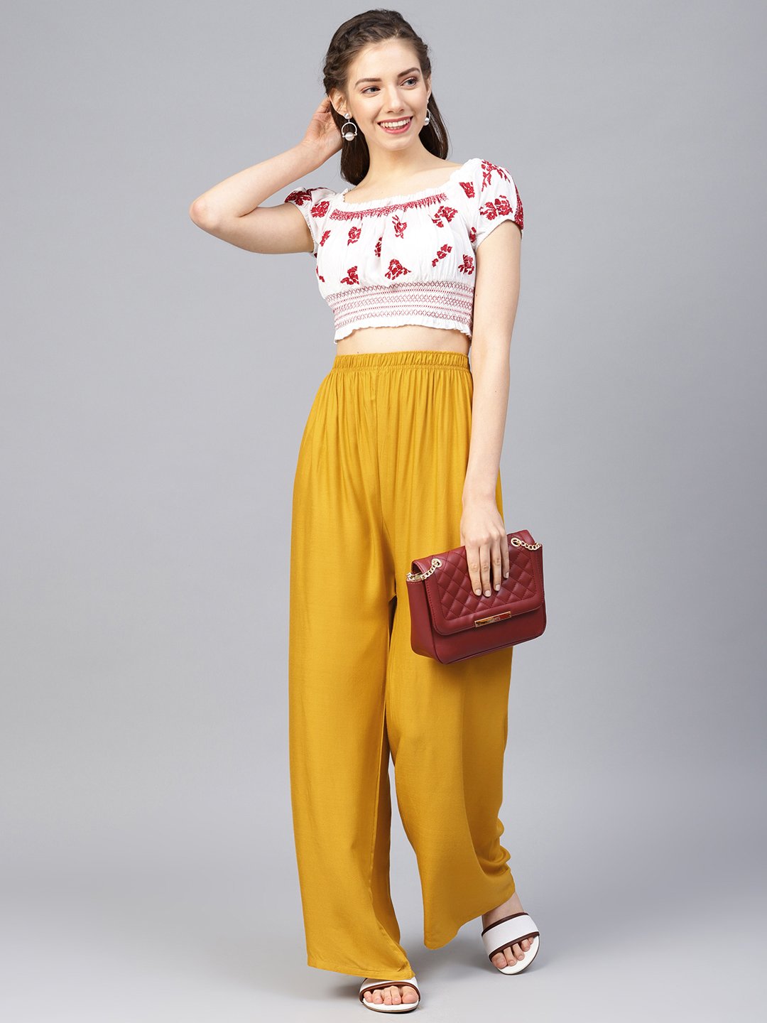 Jompers Women Mustard Solid Straight Palazzos | Grocsy