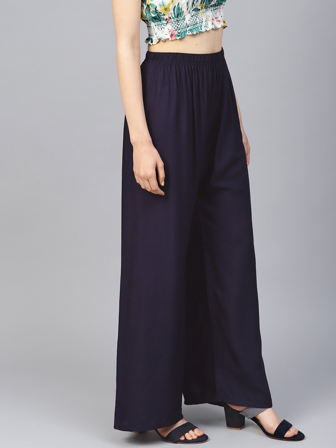 Jompers Women Navy-Blue Solid Straight Palazzos | Grocsy