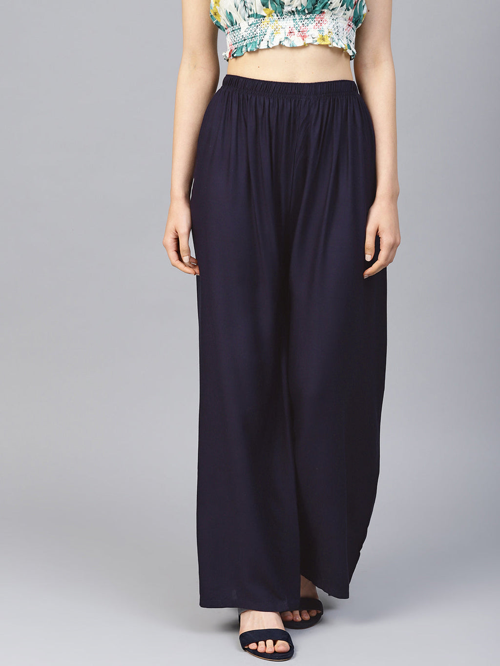 Jompers Women's Navy Blue Straight Elasticated Palazzo | Grocsy
