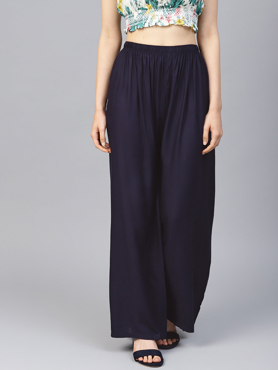 Jompers Women's Navy Blue Straight Elasticated Palazzo | Grocsy