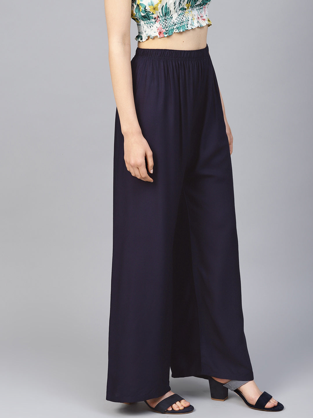 Jompers Women's Navy Blue Straight Elasticated Palazzo | Grocsy