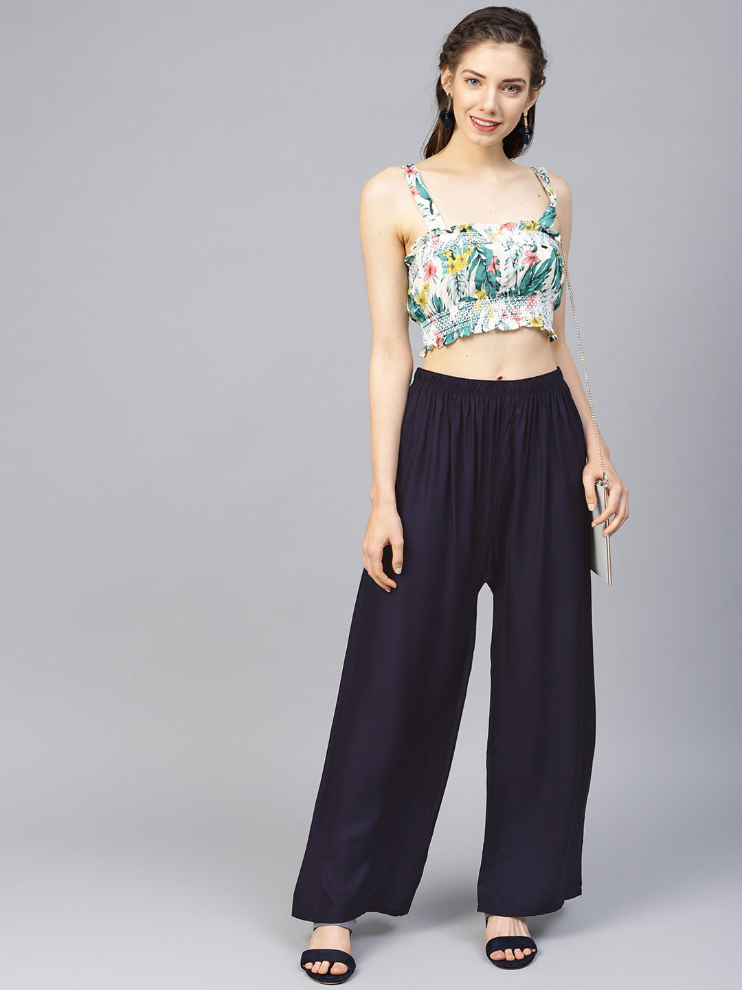 Jompers Women's Navy Blue Straight Elasticated Palazzo | Grocsy