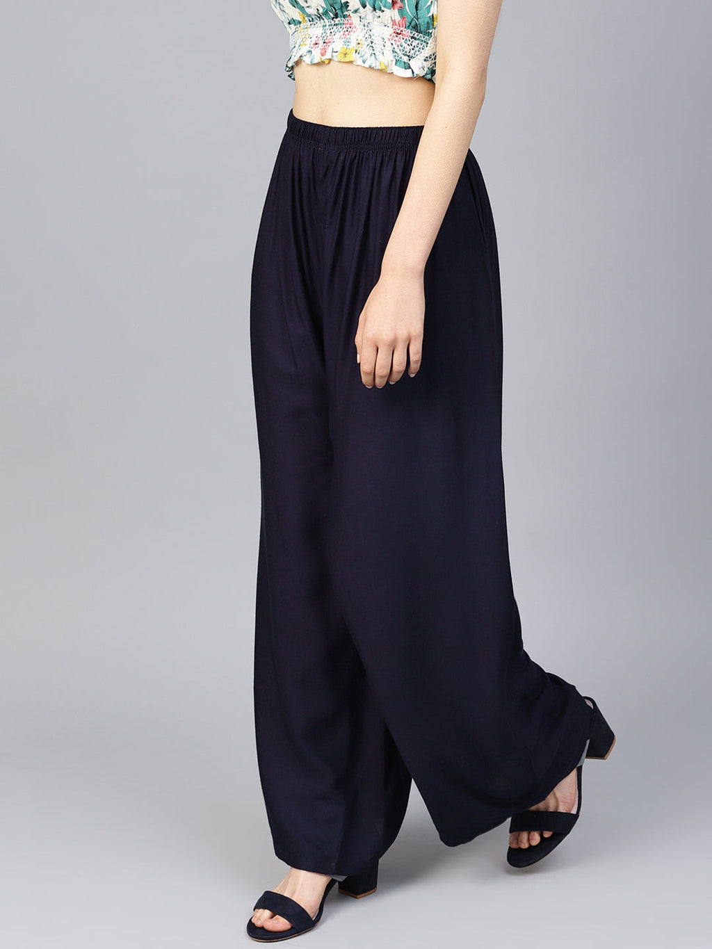 Jompers Women's Navy Blue Straight Elasticated Palazzo | Grocsy
