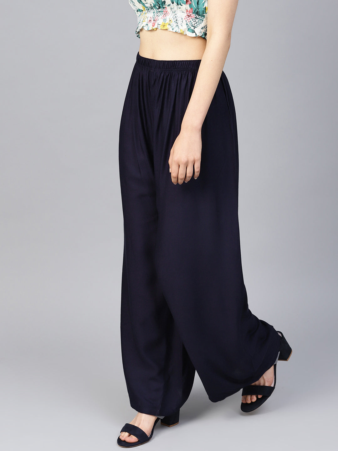 Jompers Women's Navy Blue Straight Elasticated Palazzo | Grocsy