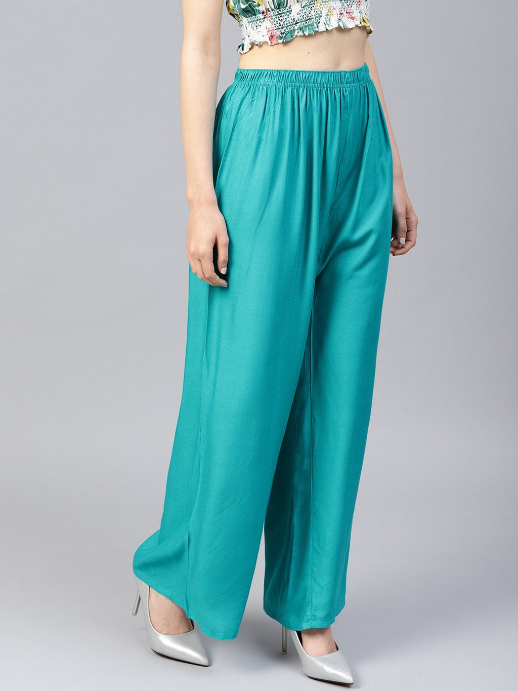 Jompers Women Rama-Green Solid Straight Palazzos | Grocsy