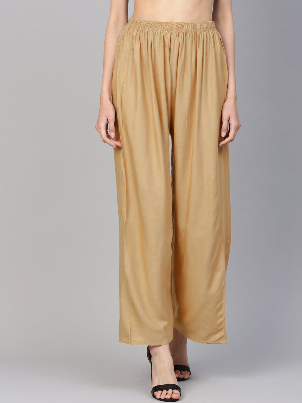 Jompers Women's Beige Straight Elasticated Palazzo | Grocsy