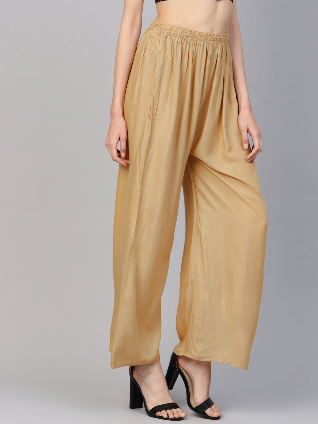 Jompers Women's Beige Straight Elasticated Palazzo | Grocsy
