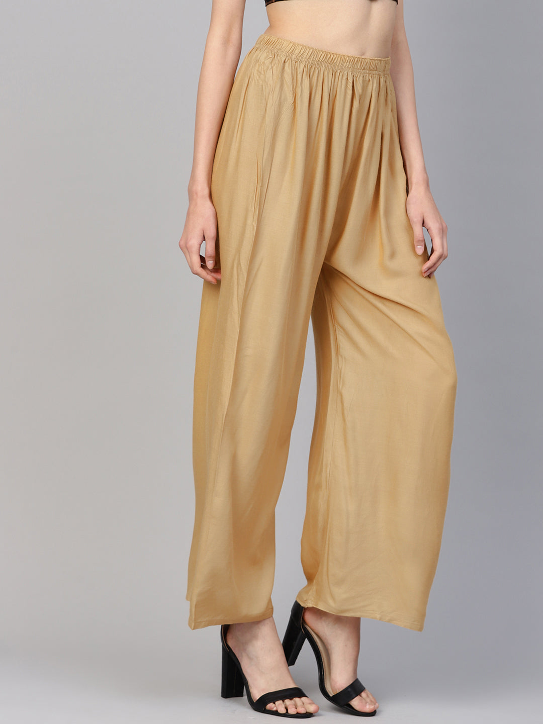 Jompers Women's Beige Straight Elasticated Palazzo | Grocsy