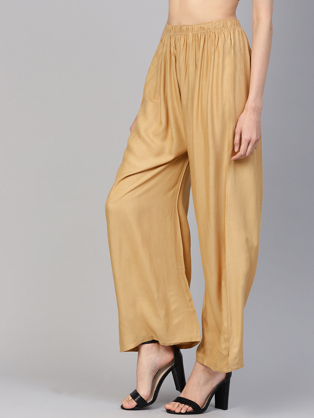 Jompers Women's Beige Straight Elasticated Palazzo | Grocsy