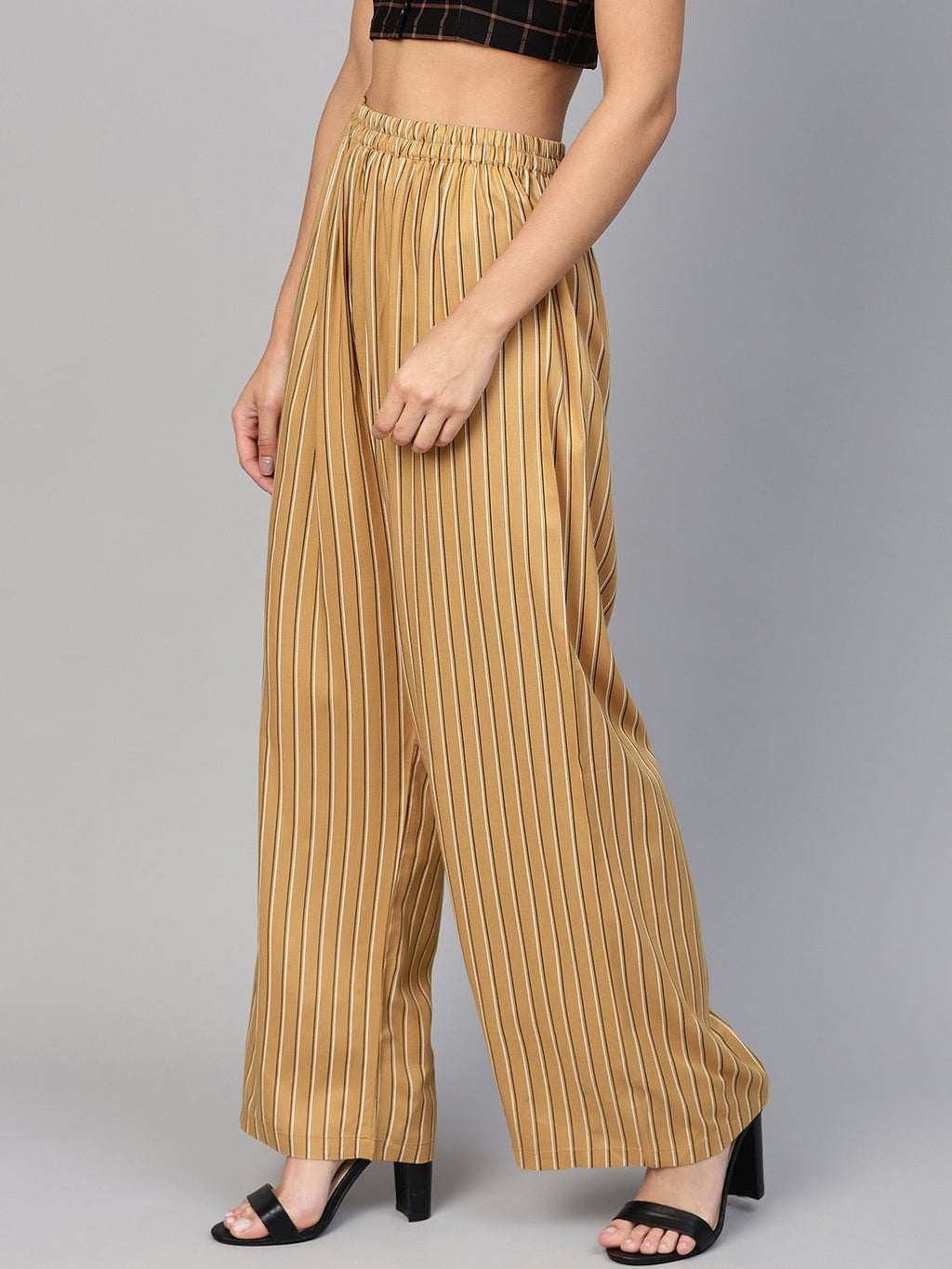 Jompers Women Beige & Black Striped Straight Palazzos | Grocsy
