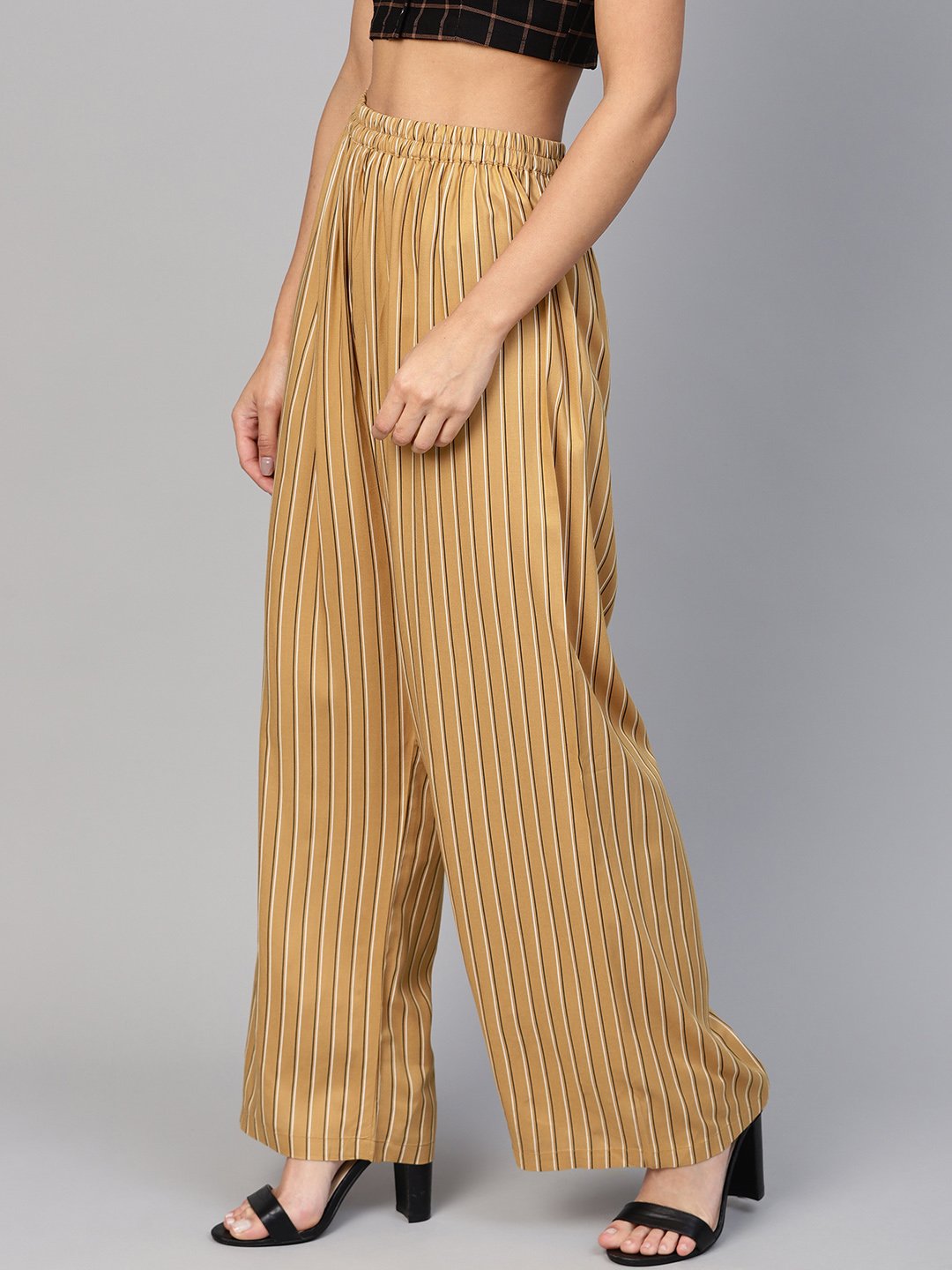 Jompers Women Beige & Black Striped Straight Palazzos | Grocsy