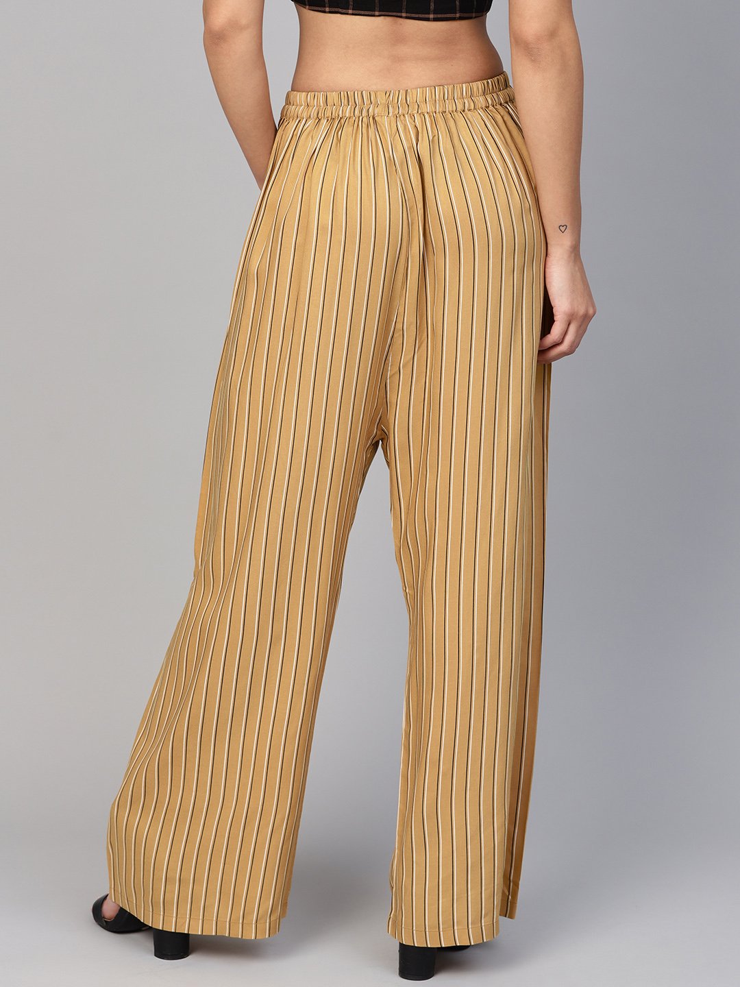 Jompers Women Beige & Black Striped Straight Palazzos | Grocsy
