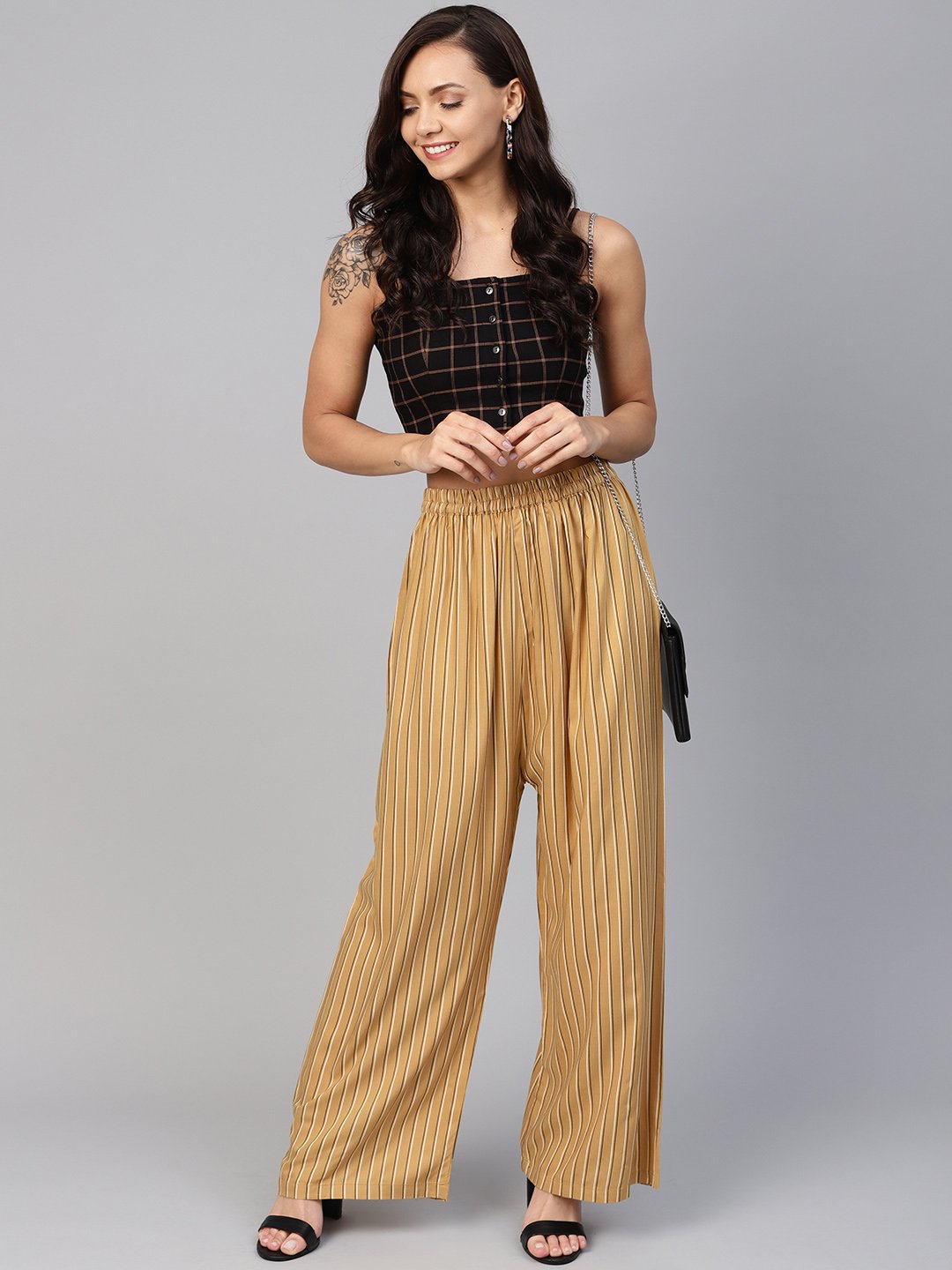 Jompers Women Beige & Black Striped Straight Palazzos | Grocsy