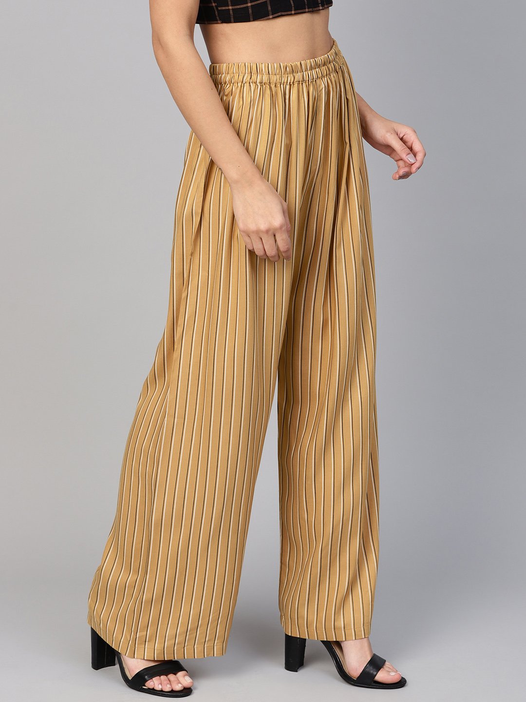 Jompers Women Beige & Black Striped Straight Palazzos | Grocsy