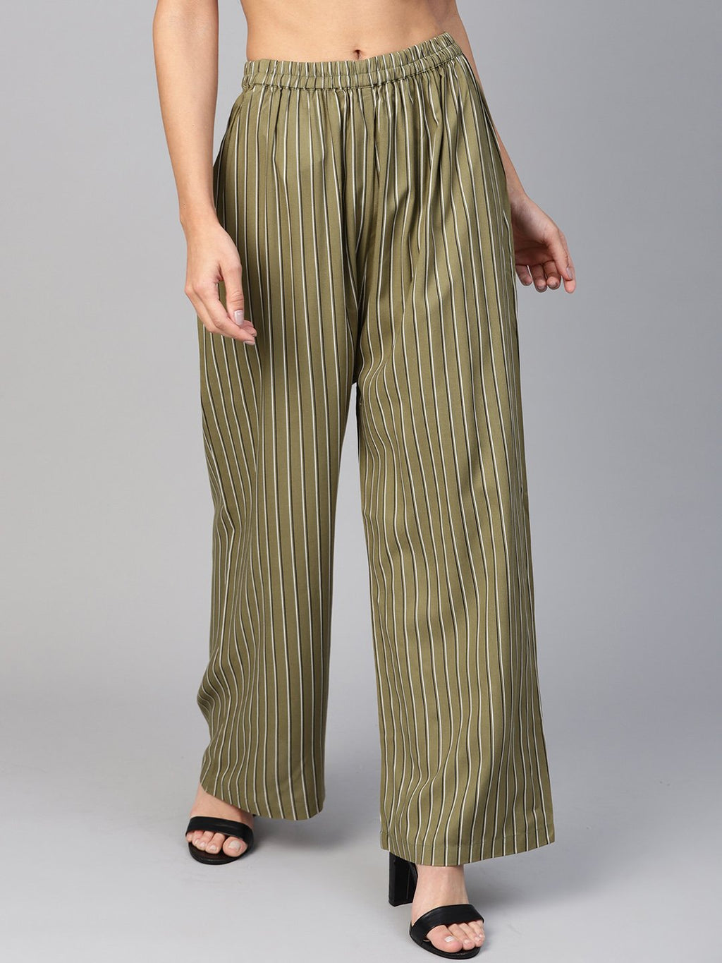 Jompers Women Olive Green & Black Striped Straight Palazzos | Grocsy