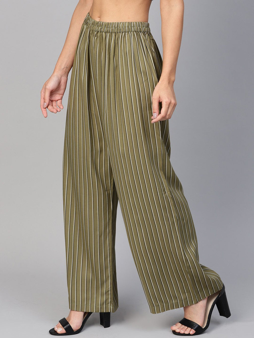 Jompers Women Olive Green & Black Striped Straight Palazzos | Grocsy