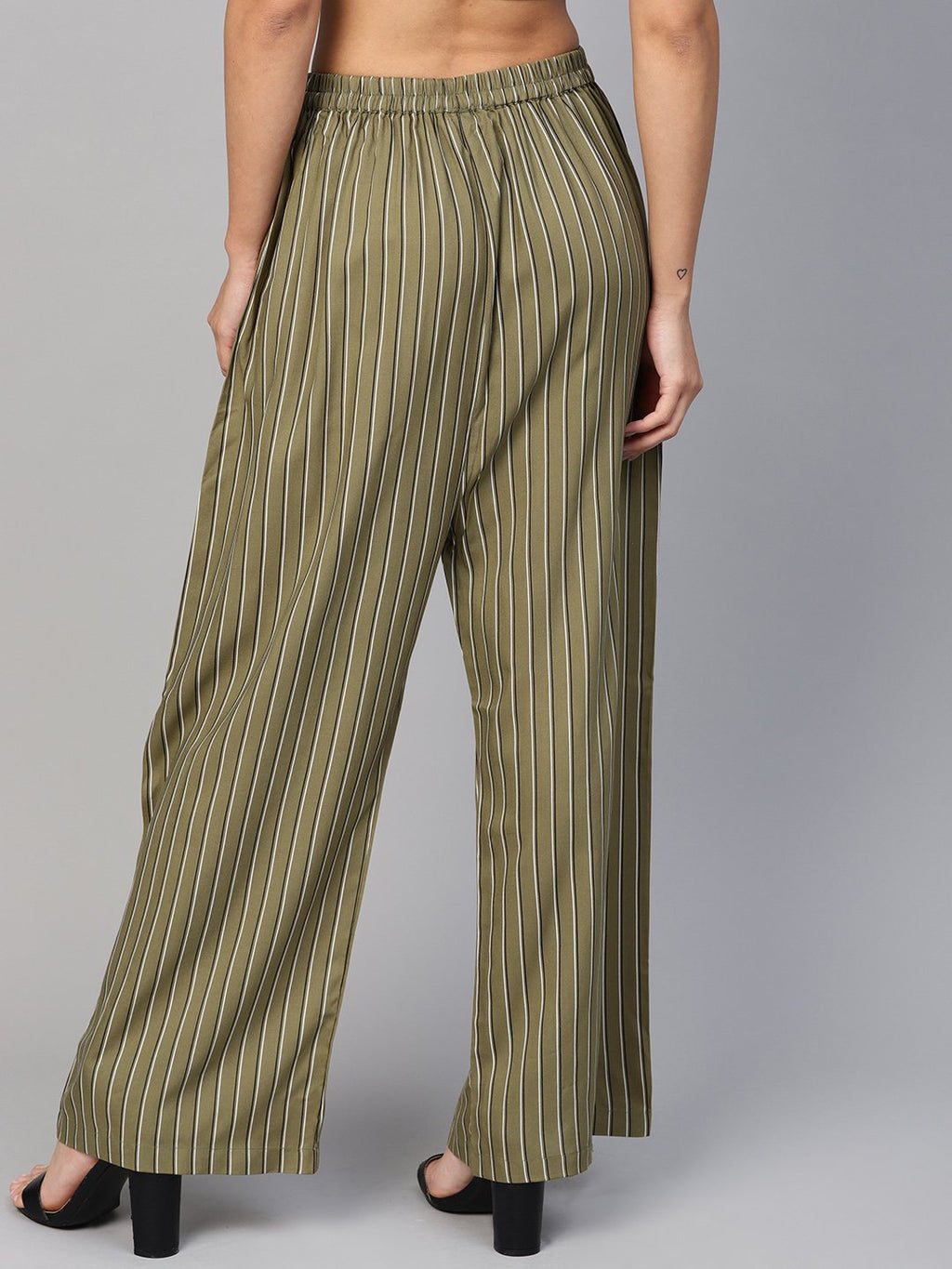 Jompers Women Olive Green & Black Striped Straight Palazzos | Grocsy