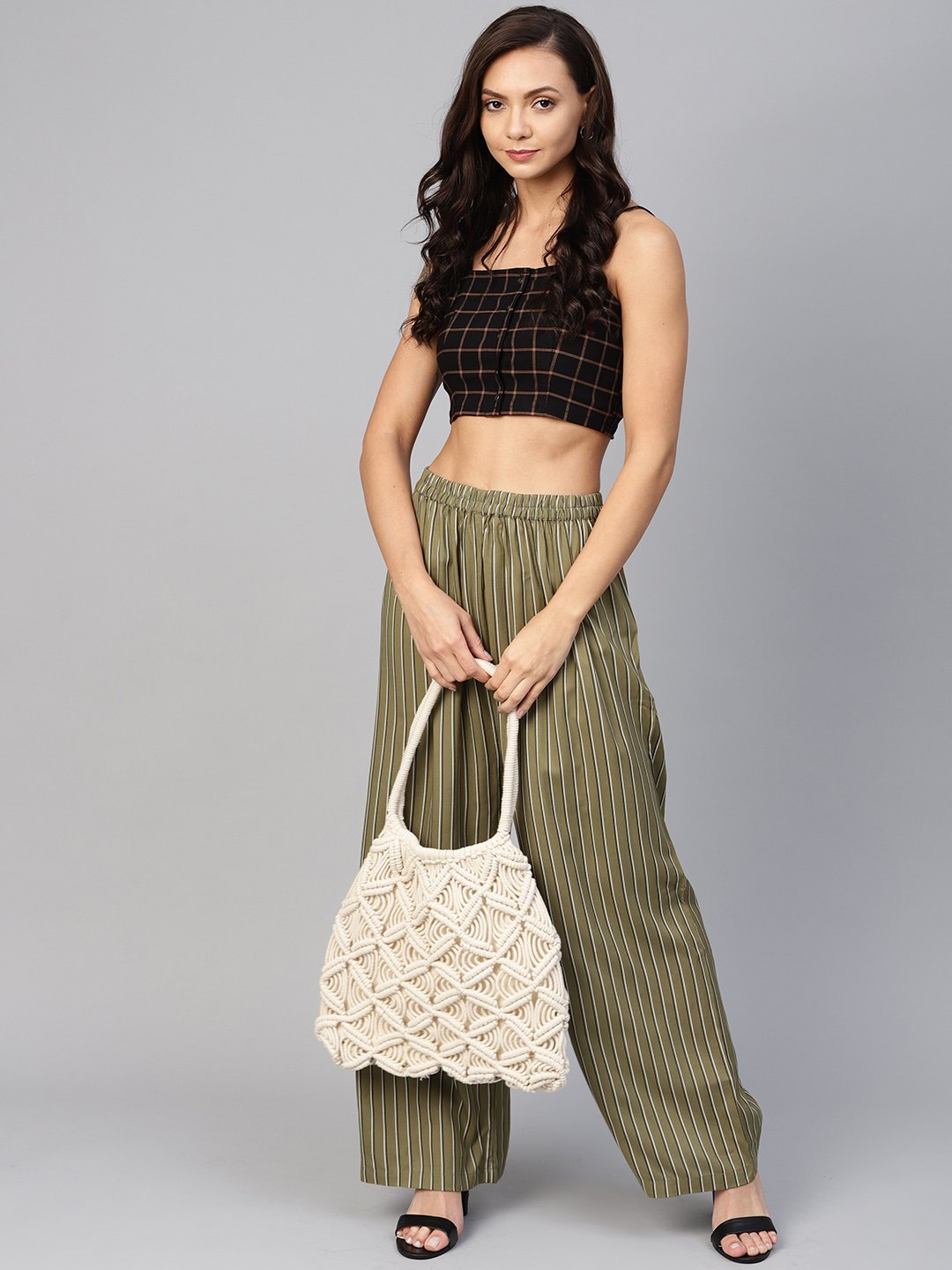 Jompers Women Olive Green & Black Striped Straight Palazzos | Grocsy