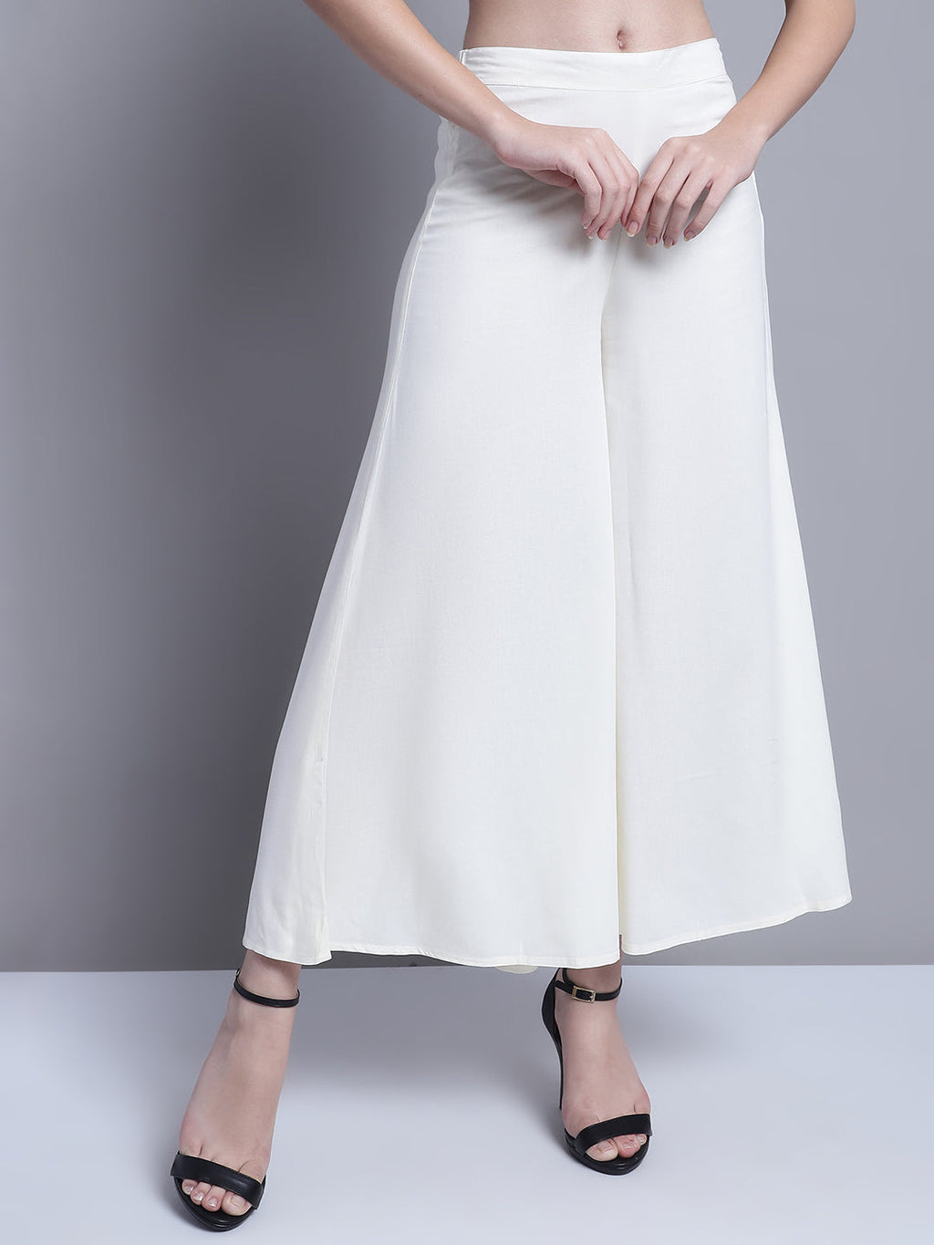 Jompers Women's Off-White Straight Partially Elasticated Palazzo | Grocsy