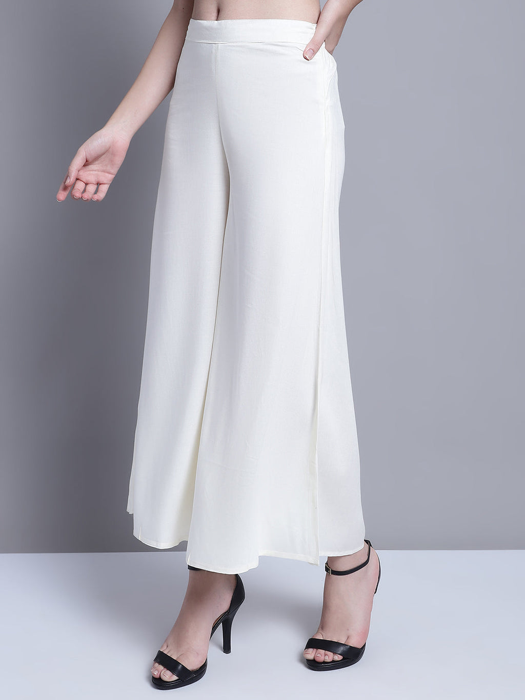 Jompers Women's Off-White Straight Partially Elasticated Palazzo | Grocsy