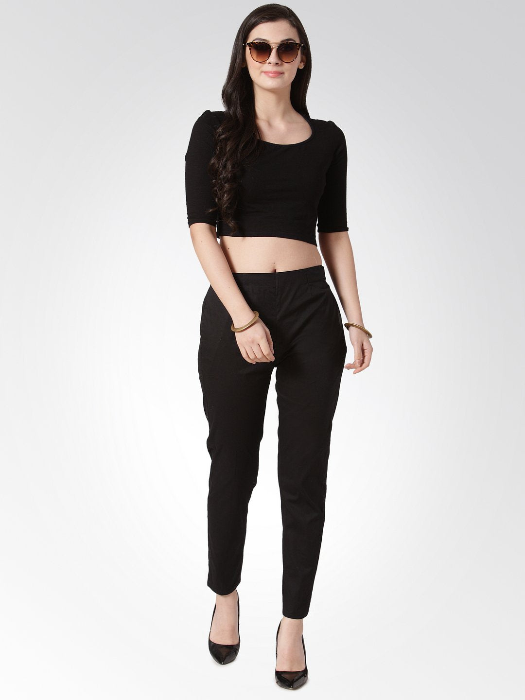 Jompers Women Black Smart Slim Fit Solid Regular Trousers | Grocsy