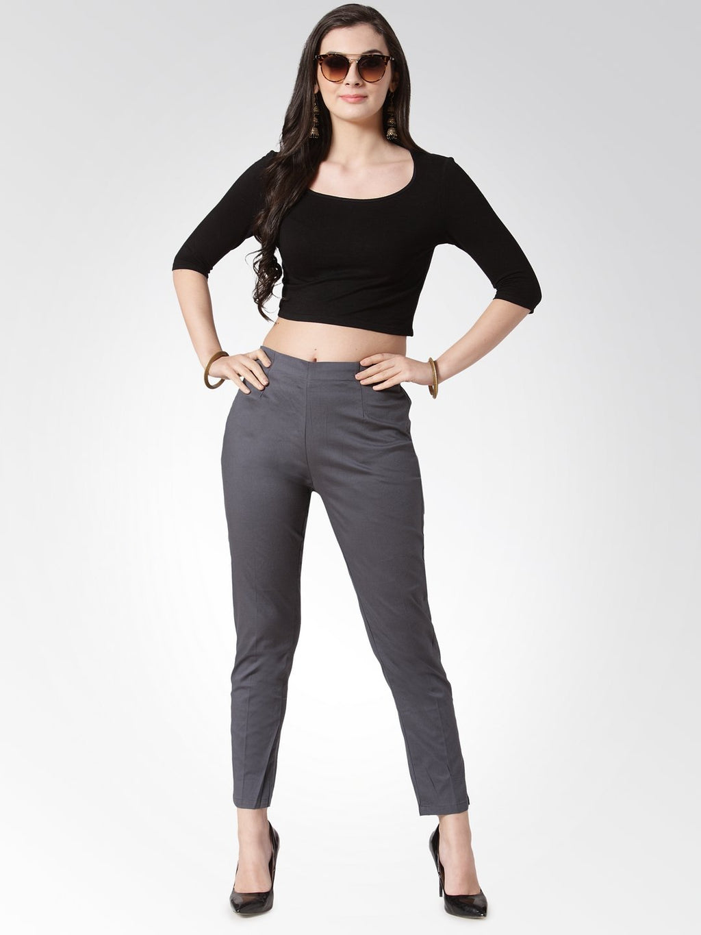 Jompers Women Grey Smart Slim Fit Solid Regular Trousers | Grocsy