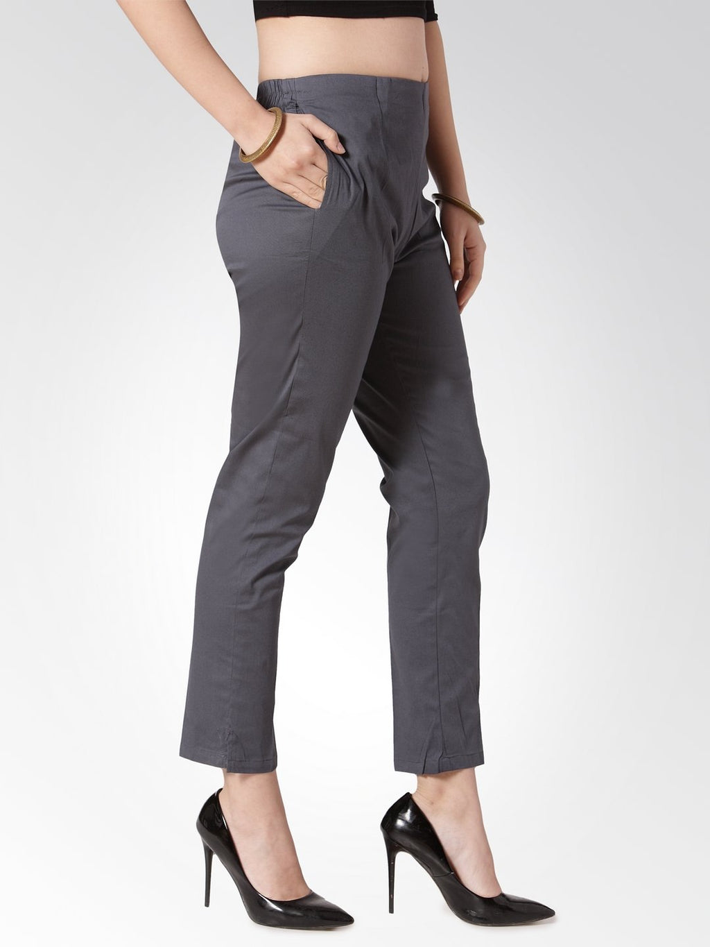 Jompers Women Grey Smart Slim Fit Solid Regular Trousers | Grocsy