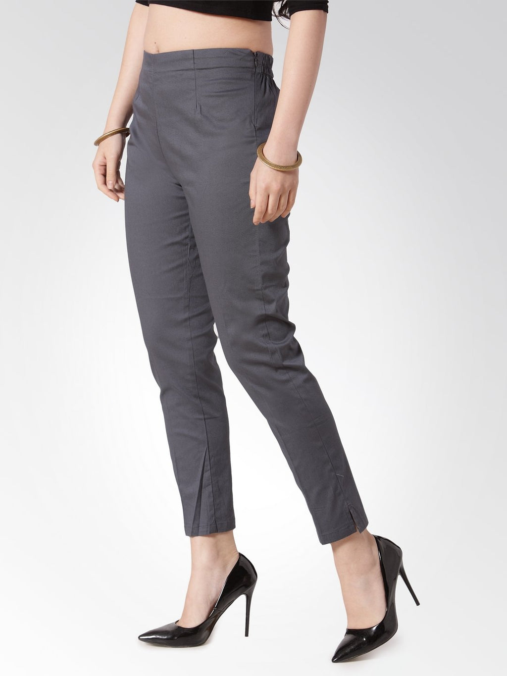 Jompers Women Grey Smart Slim Fit Solid Regular Trousers | Grocsy