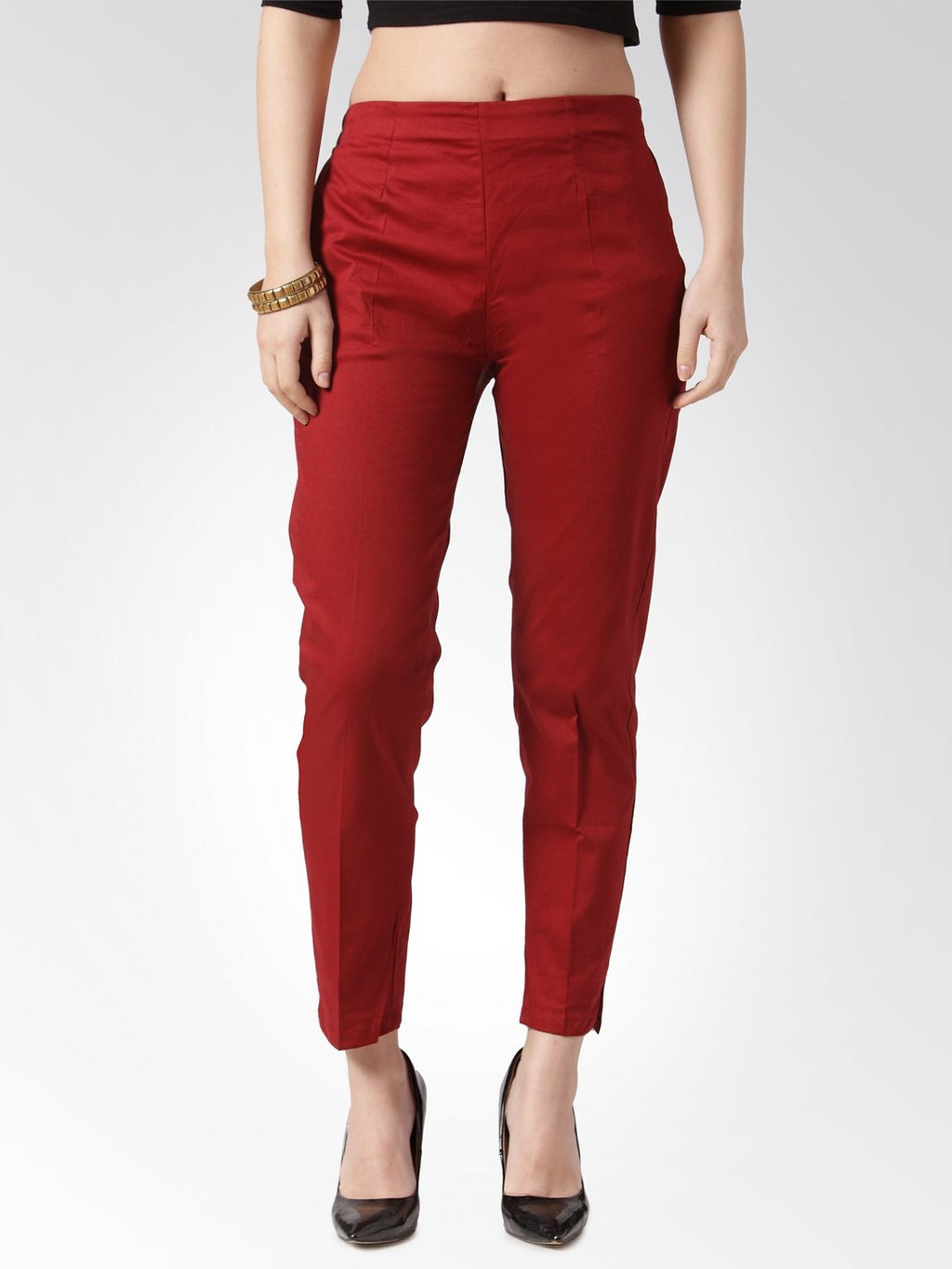 Jompers Women Maroon Smart Slim Fit Solid Regular Trousers | Grocsy